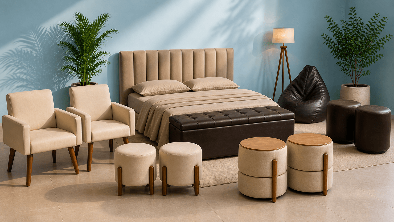 Ambiente moderno com cabeceira estofada, puffs e poltronas personalizadas